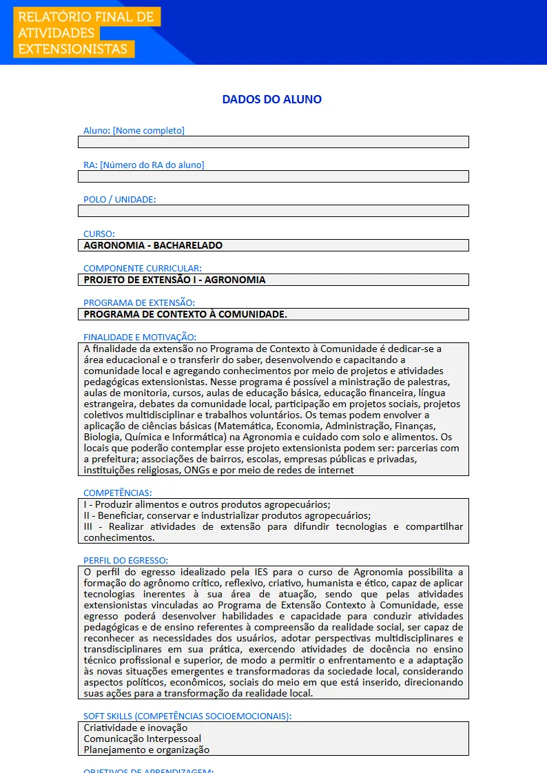 Projeto de Extensão I - Agronomia Primeira página do Projeto de Extensão I do curso de Agronomia