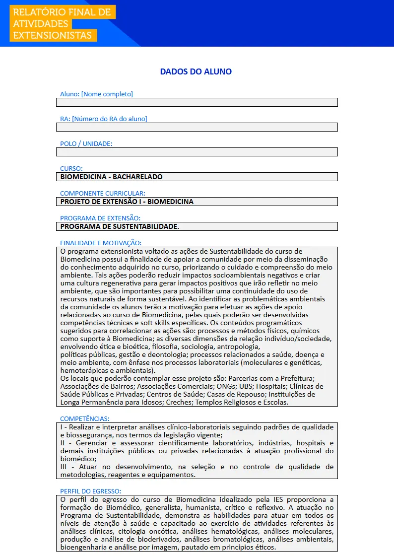 Projeto de Extensão I - Biomedicina Primeira página do Projeto de Extensão I do curso de Biomedicina