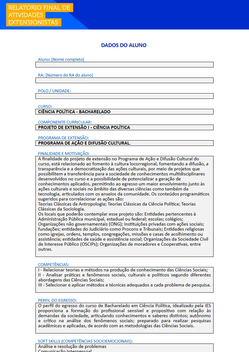Projeto de Extensão I - Ciência Política Primeira página do Projeto de Extensão I do curso de Ciência Política