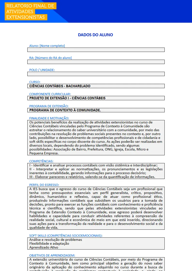 Projeto de Extensão I - Ciências Contábeis Primeira página do Projeto de Extensão I do curso de Ciências Contábeis