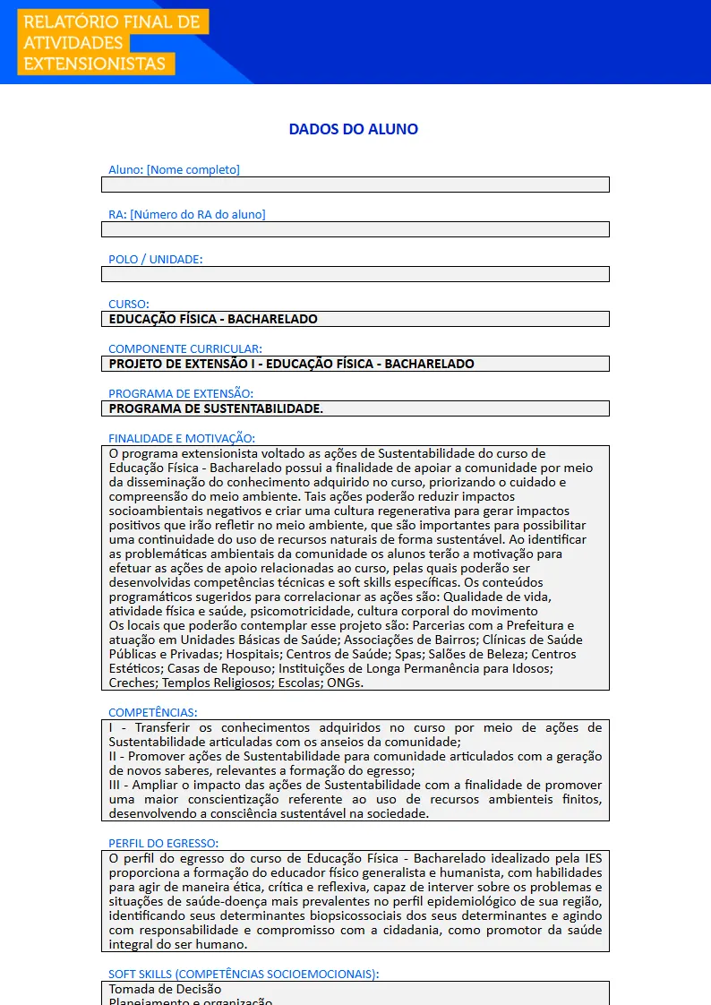 Projeto de Extensão I - Educação Física Primeira página do Projeto de Extensão I do curso de Educação Física