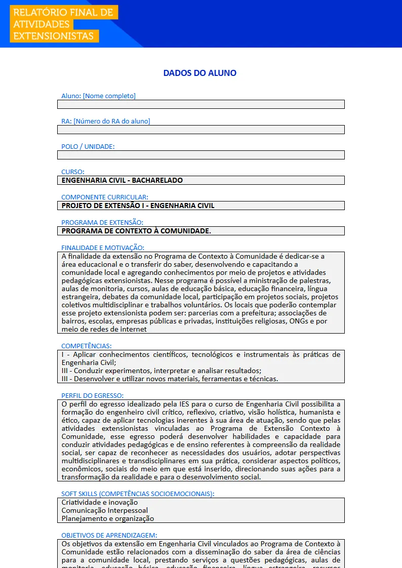 Projeto de Extensão I - Engenharia Civil Primeira página do Projeto de Extensão I do curso de Engenharia Civil