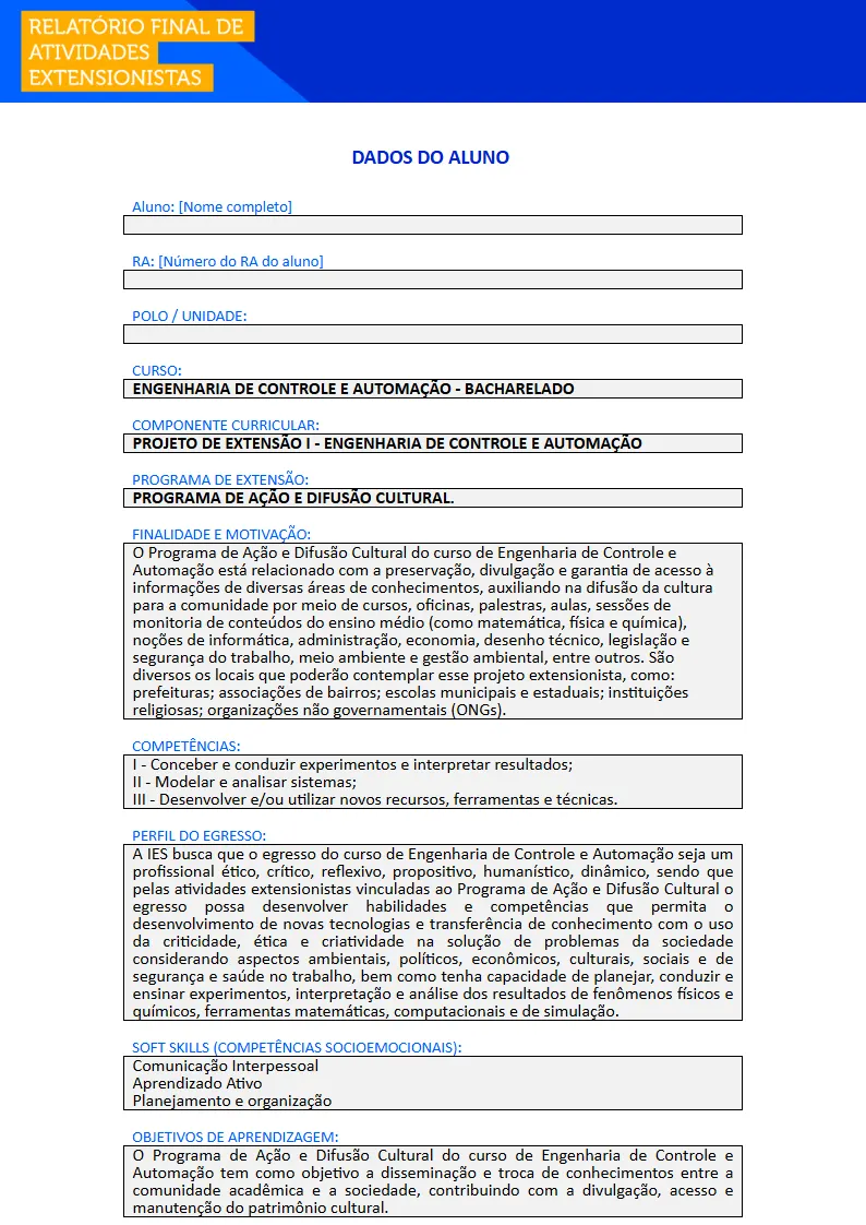 Projeto de Extensão I - Engenharia de Controle e Automação Primeira página do Projeto de Extensão I do curso de Engenharia de Controle e Automação