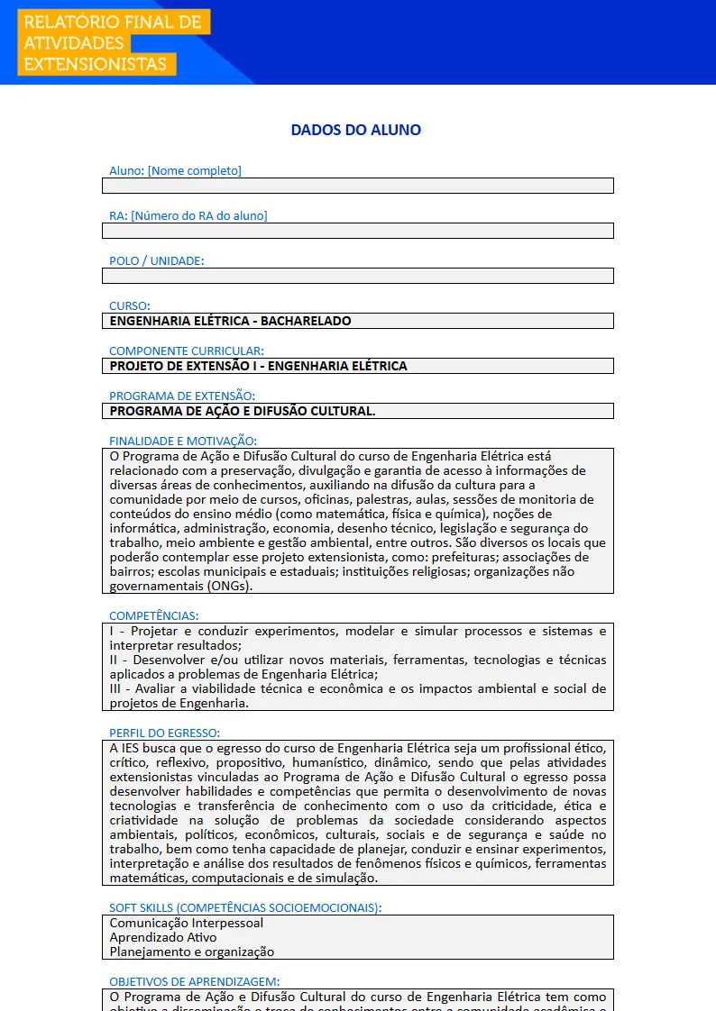 Projeto de Extensão I - Engenharia Elétrica Primeira página do Projeto de Extensão I do curso de Engenharia Elétrica