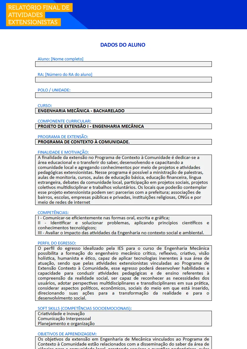 Projeto de Extensão I - Engenharia Mecânica Primeira página do Projeto de Extensão I do curso de Engenharia Mecânica
