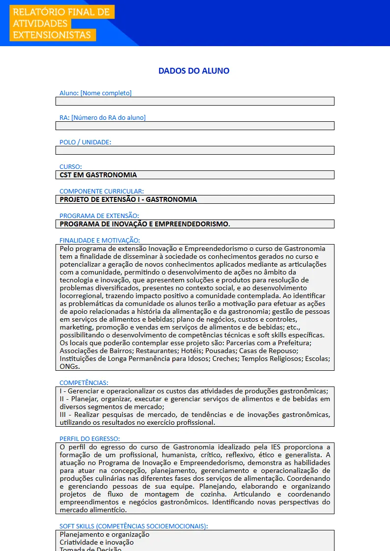 Projeto de Extensão I - Gastronomia Primeira página do Projeto de Extensão I do curso de Gastronomia