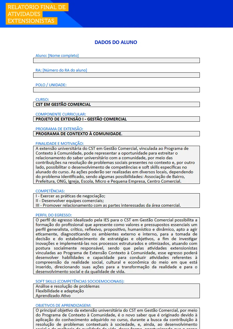 Projeto de Extensão I - Gestão Comercial Primeira página do Projeto de Extensão I do curso de Gestão Comercial