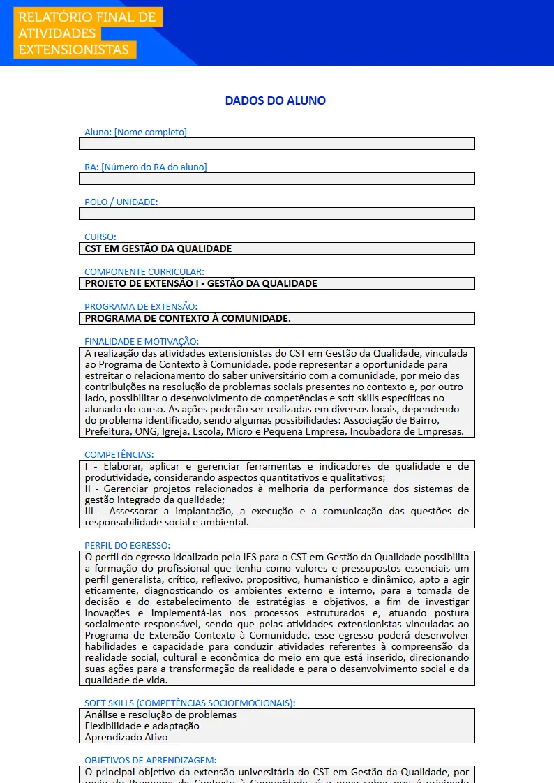 Projeto de Extensão I - Gestão da Qualidade Primeira página do Projeto de Extensão I do curso de Gestão da Qualidade