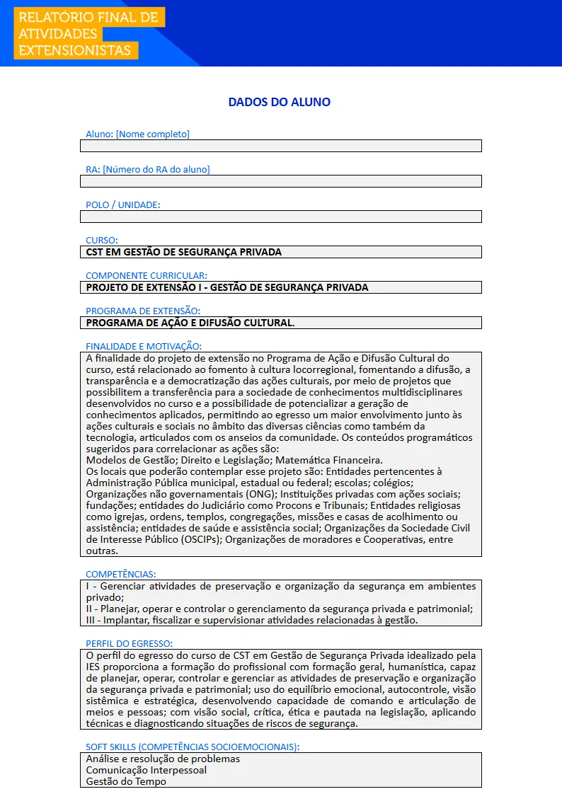 Projeto de Extensão I - Gestão de Segurança Privada Primeira página do Projeto de Extensão I do curso de Gestão de Segurança Privada