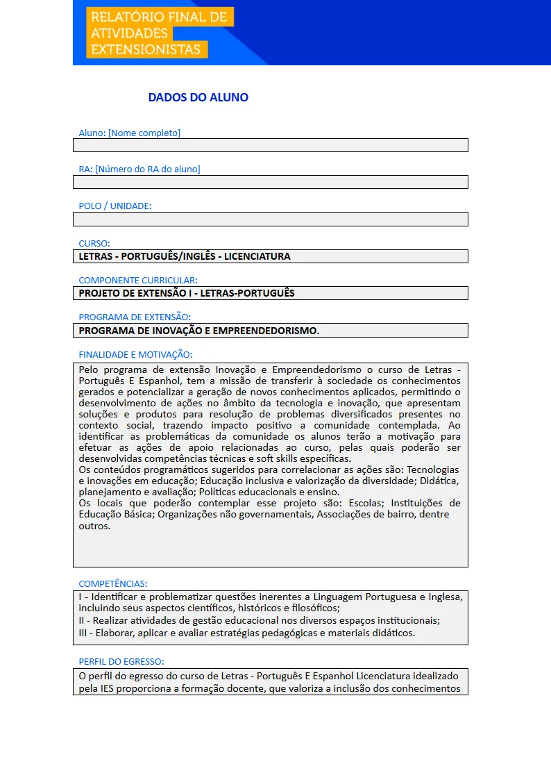 Projeto de Extensão I - Letras Primeira página do Projeto de Extensão I do curso de Letras