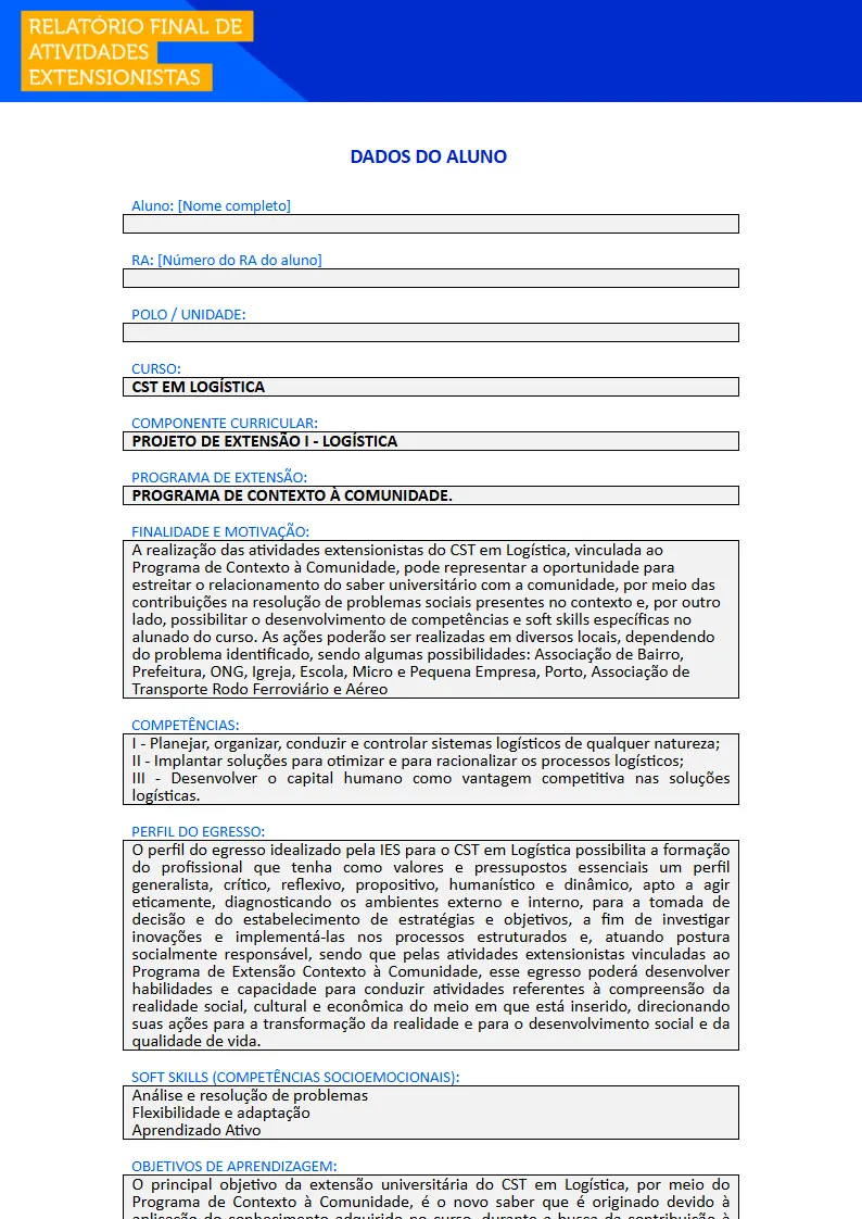 Projeto de Extensão I - Logística Primeira página do Projeto de Extensão I do curso de Logística