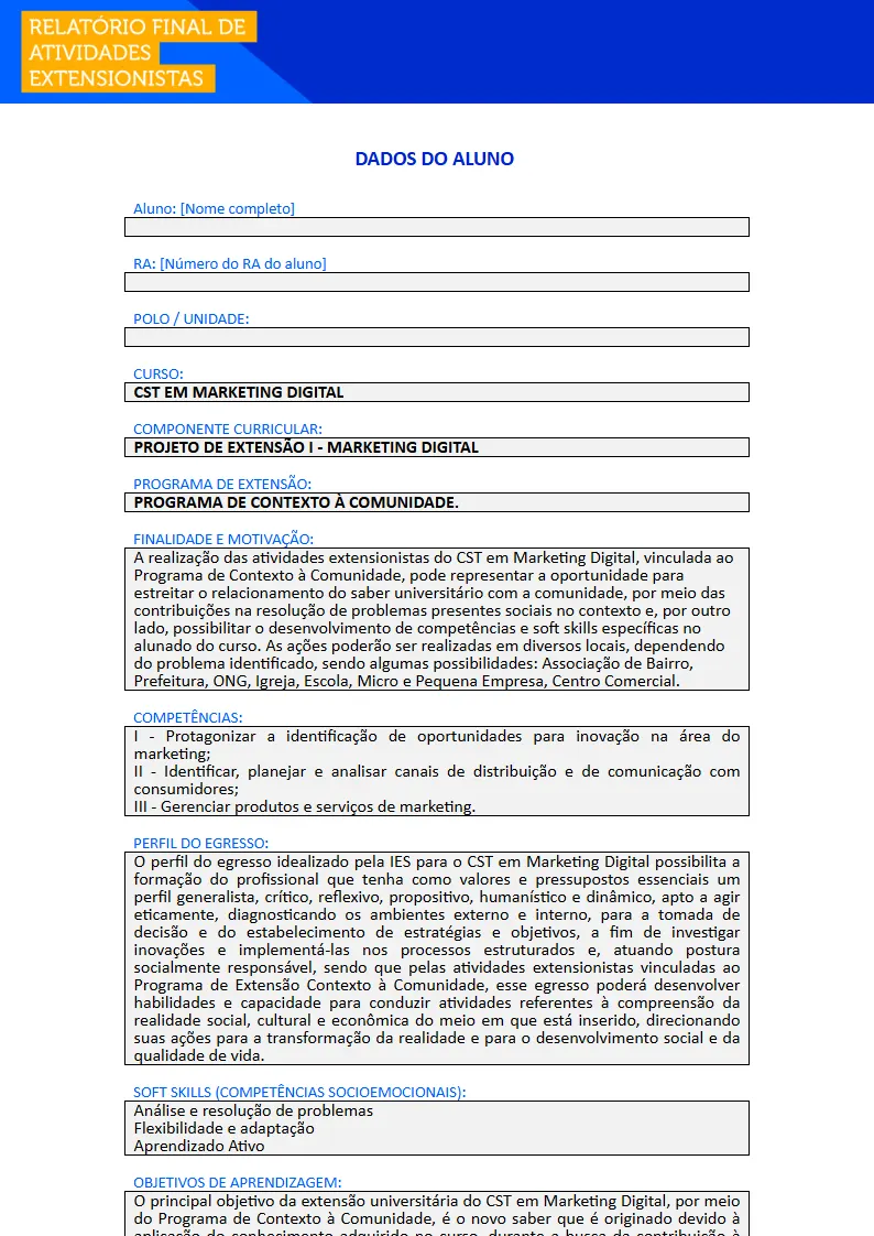 Projeto de Extensão I - Marketing Digital Primeira página do Projeto de Extensão I do curso de Marketing Digital