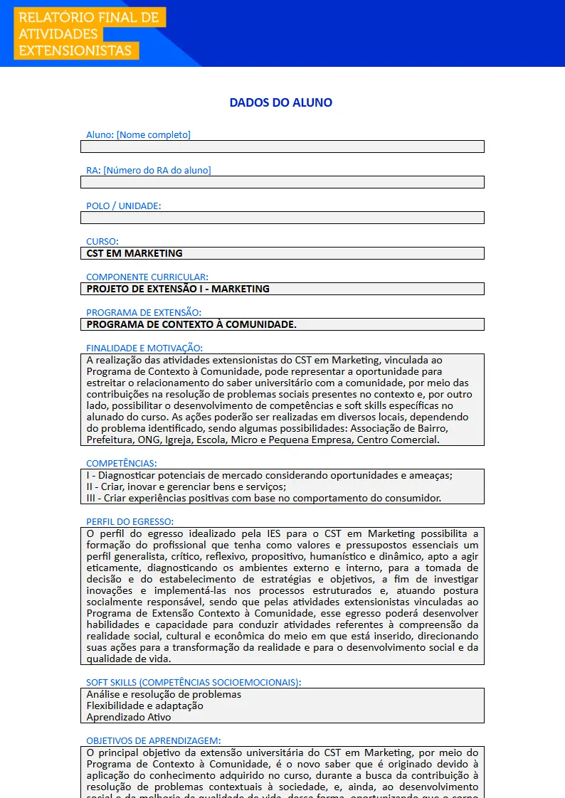 Projeto de Extensão I - Marketing Primeira página do Projeto de Extensão I do curso de Marketing