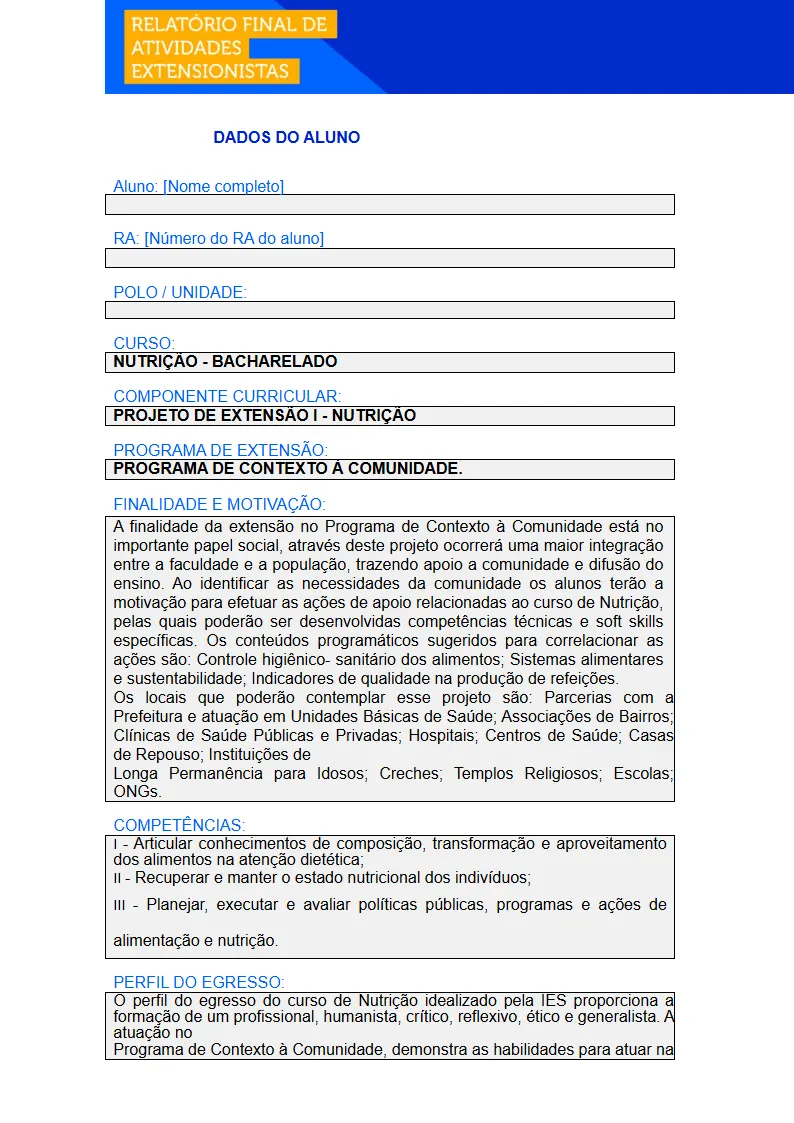 Projeto de Extensão I - Nutrição Primeira página do Projeto de Extensão I do curso de Nutrição