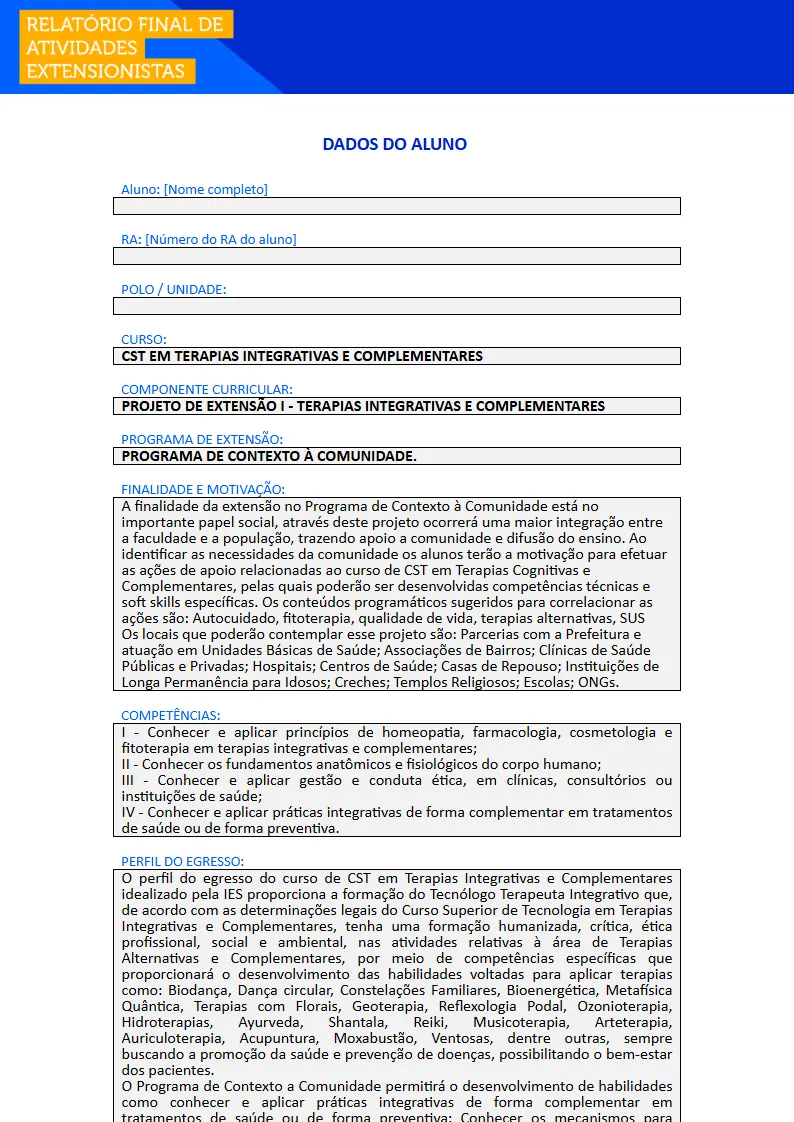 Projeto de Extensão I - Terapias Integrativas e Complementares Primeira página do Projeto de Extensão I do curso de Terapias Integrativas e Complementares