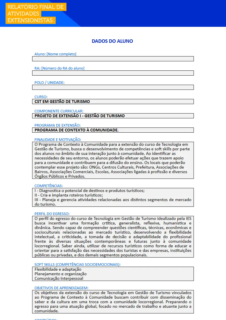 Projeto de Extensão I - Turismo Primeira página do Projeto de Extensão I do curso de Turismo