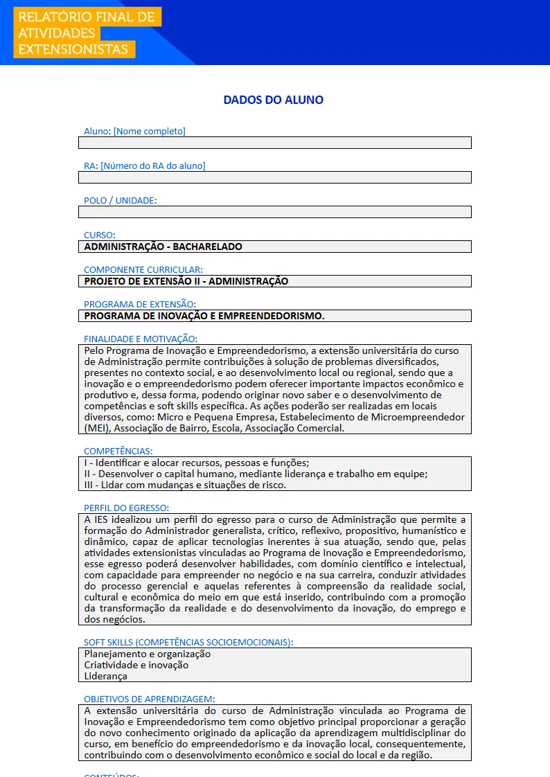 Projeto de Extensão II - Administração Primeira página do Projeto de Extensão II do curso de Administração