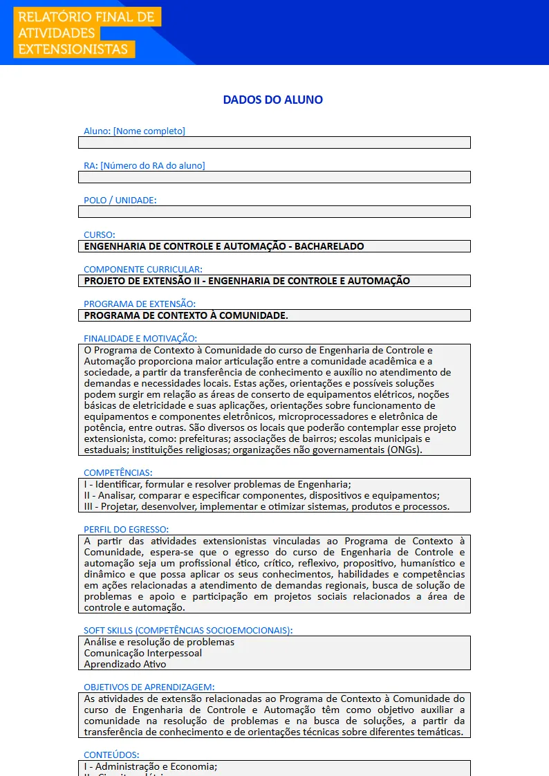 Projeto de Extensão II - Engenharia de Controle e Automação Primeira página do Projeto de Extensão II do curso de Engenharia de Controle e Automação