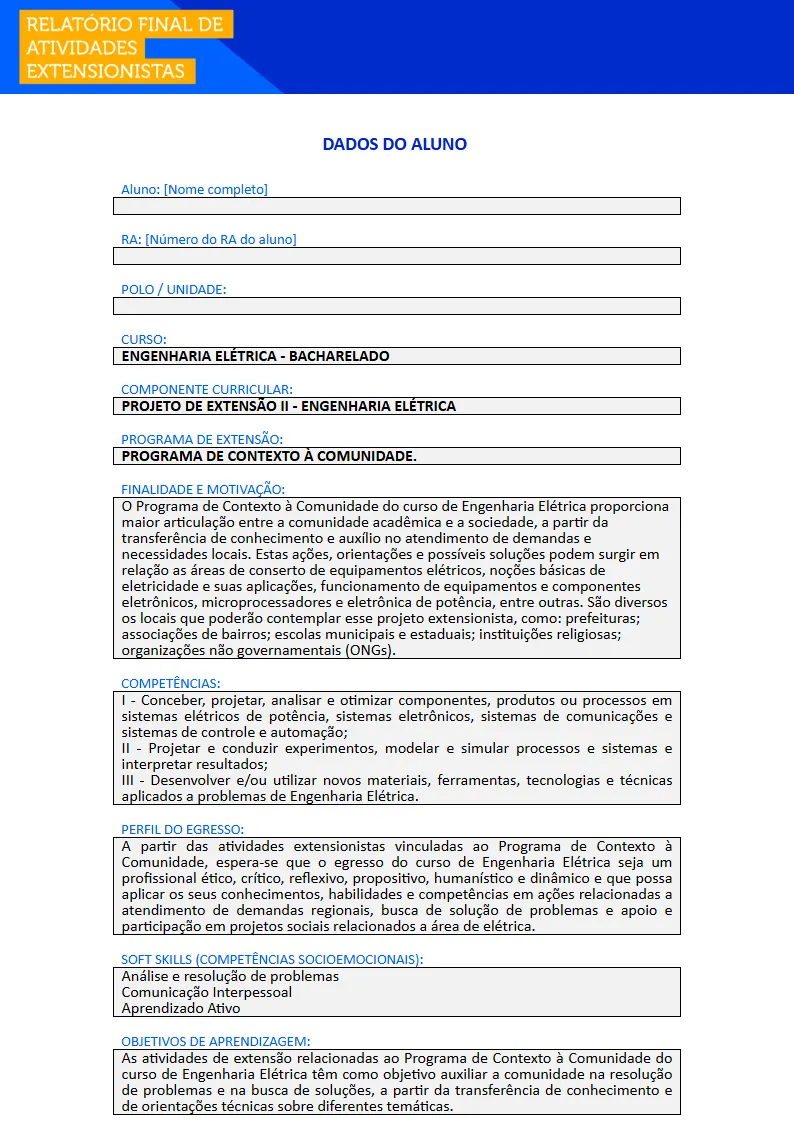 Projeto de Extensão II - Engenharia Elétrica Primeira página do Projeto de Extensão II do curso de Engenharia Elétrica