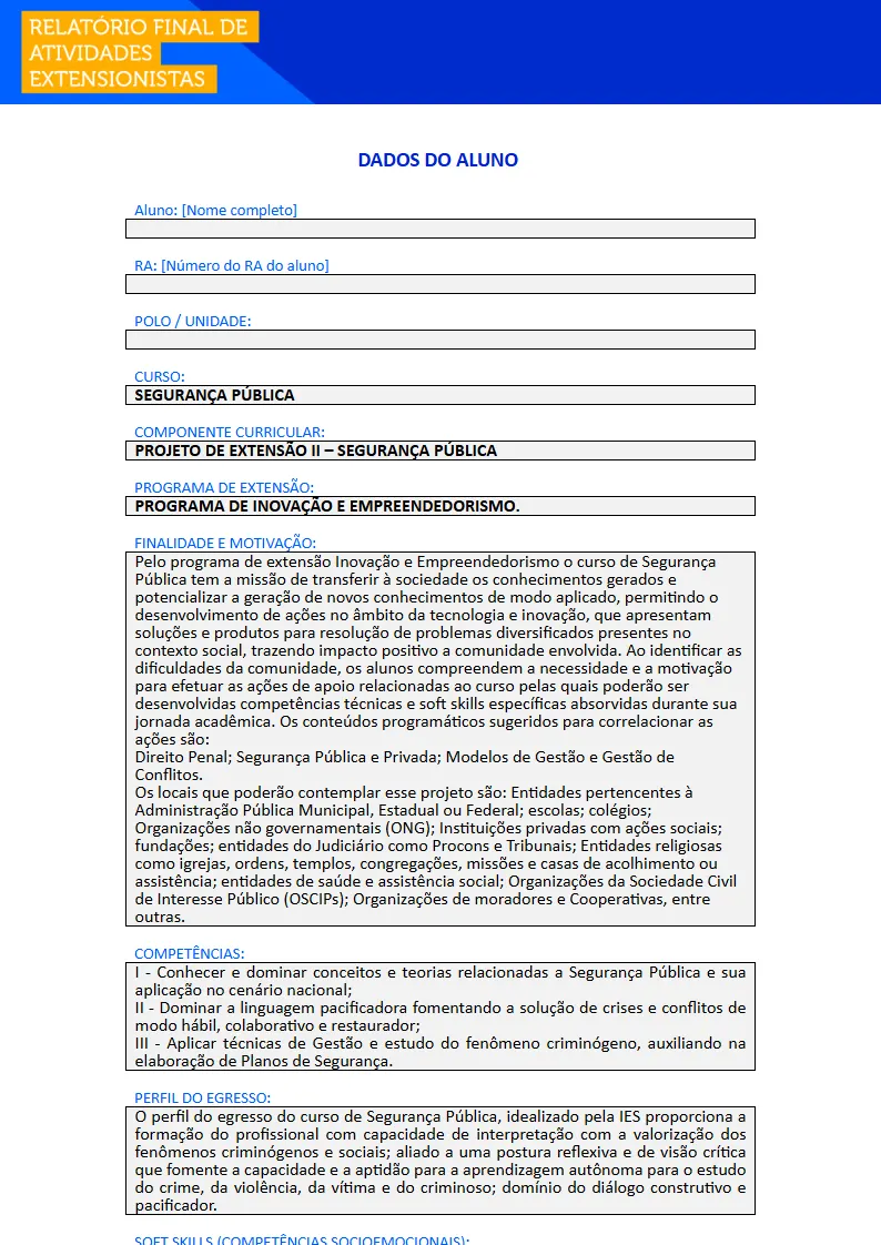 Projeto de Extensão II - Gestão de Segurança Pública Primeira página do Projeto de Extensão II do curso de Gestão de Segurança Pública
