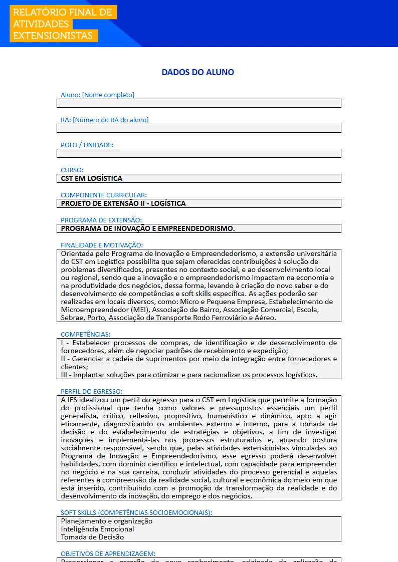 Projeto de Extensão II - Logística Primeira página do Projeto de Extensão II do curso de Logística