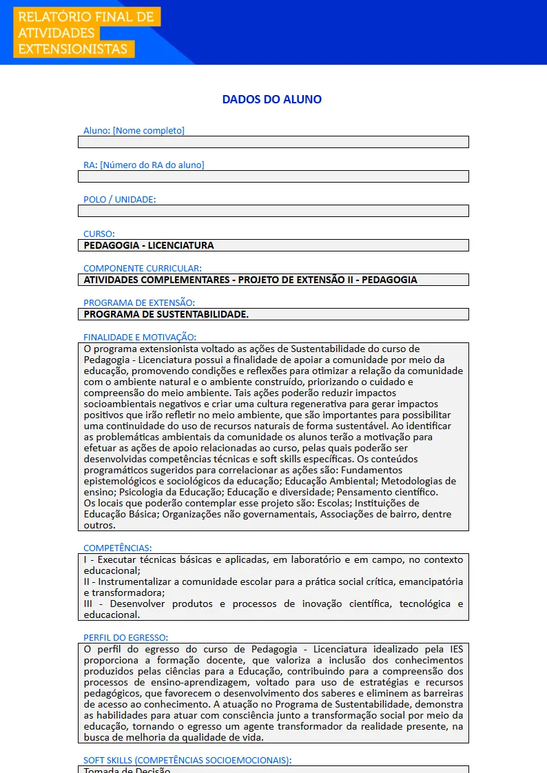 Projeto de Extensão II - Pedagogia Primeira página do Projeto de Extensão II do curso de Pedagogia