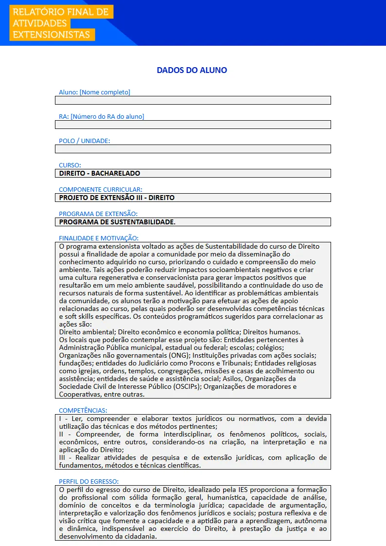 Projeto de Extensão III - Direito Primeira página do Projeto de Extensão III do curso de Direito