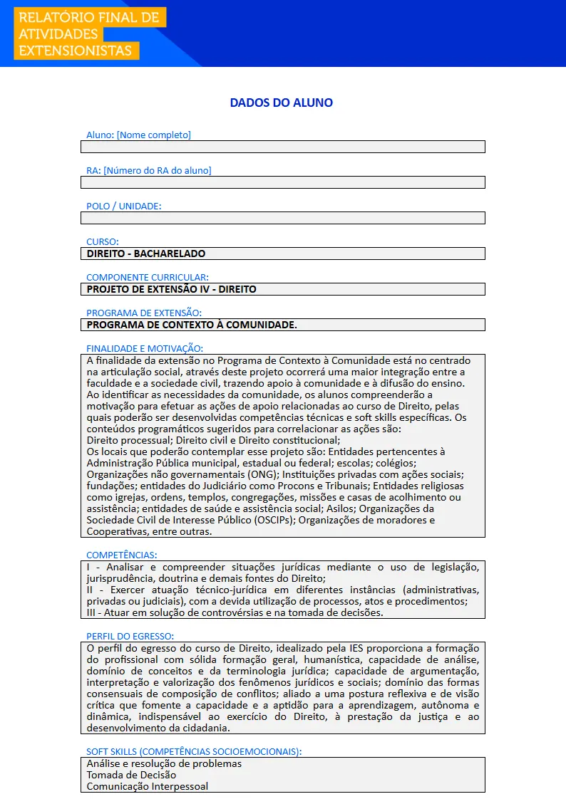 Projeto de Extensão IV - Direito Primeira página do Projeto de Extensão IV do curso de Direito